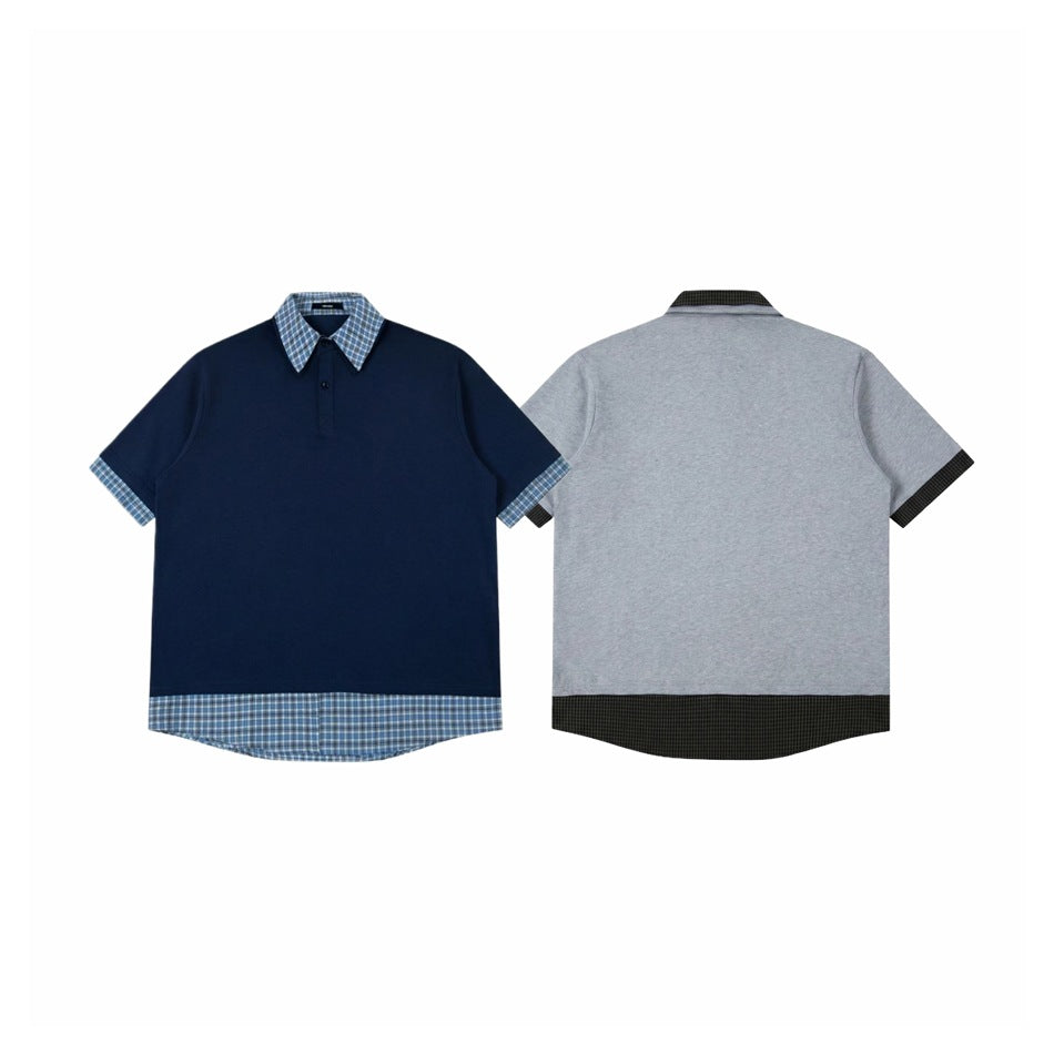 Navy and heather-gray short-sleeve polo shirts shown front and back, with contrasting plaid trim.