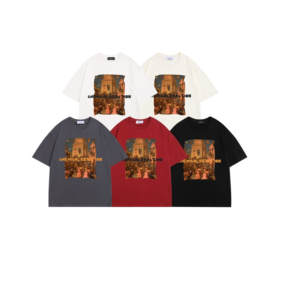 Five graphic T-shirts in white, cream, charcoal gray, red, and black, each with a classical scene print.