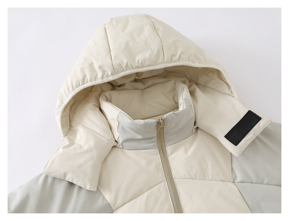 Close-up of the ivory jacket's hood, high collar and upper color-block panels.