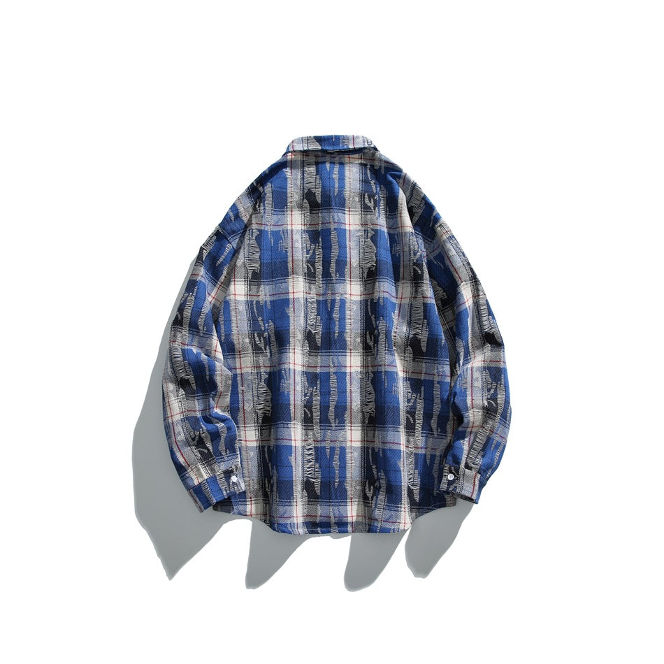 Back view of a blue, black, and white plaid long-sleeve button-up shirt displayed flat.