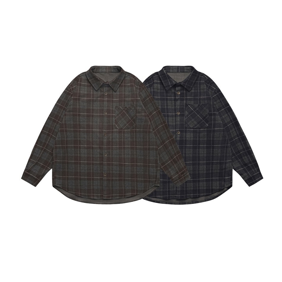 Two long-sleeve plaid button-up shirts with chest pockets, shown in brown-gray and dark navy-gray colorways.