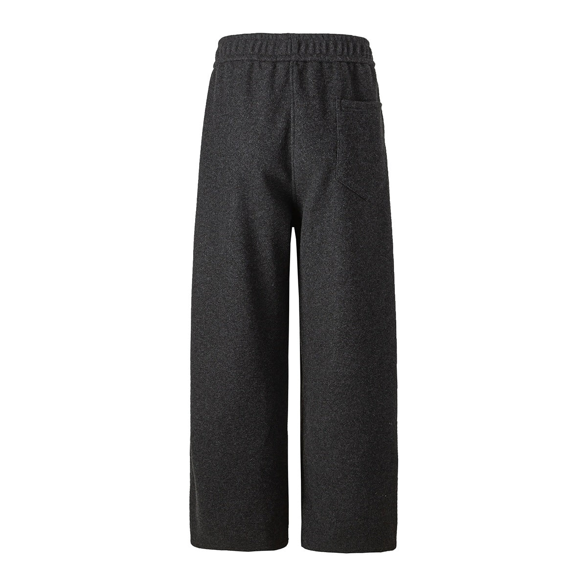 Back view of black wide-leg pants with an elastic waistband and a single patch pocket