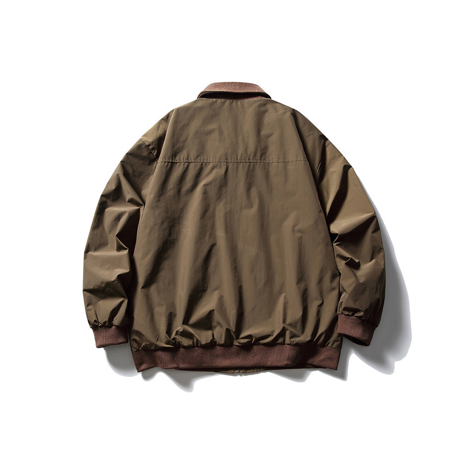 Back view of a dark olive-brown jacket with a brown corduroy collar and matching ribbed cuffs and hem.