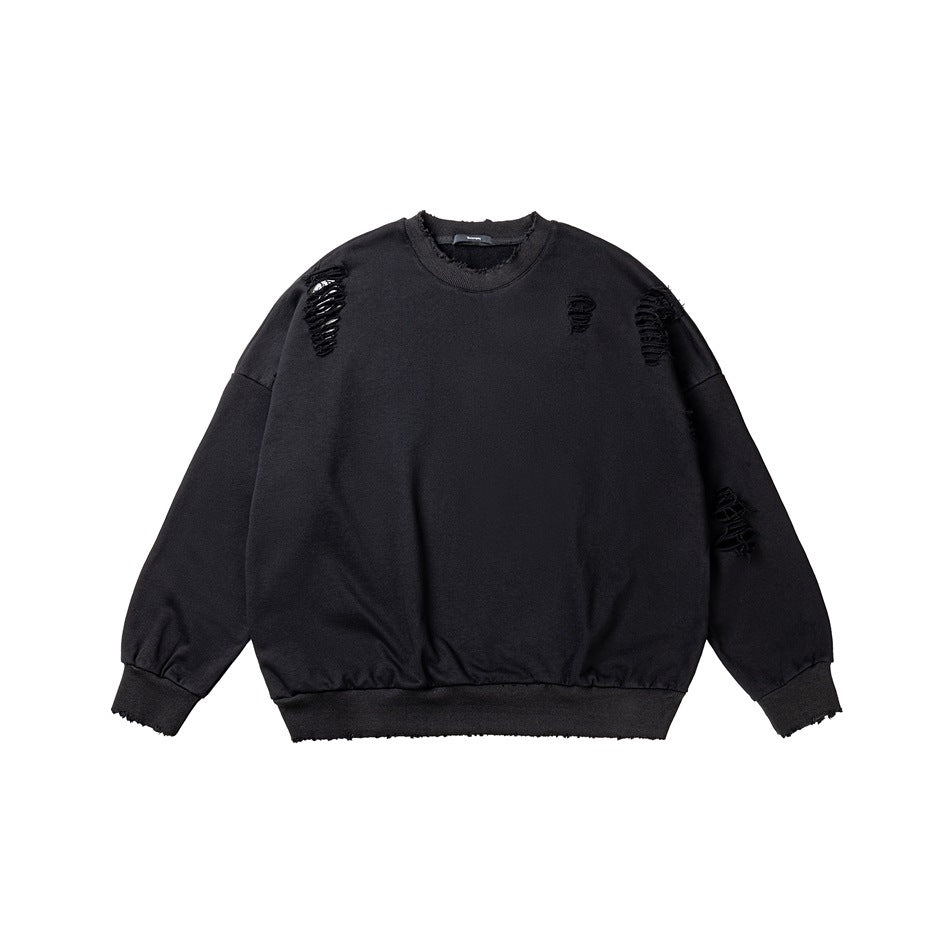 Black crewneck sweatshirt with long sleeves, ribbed cuffs and hem, and distressed slashes across the front and sleeve.