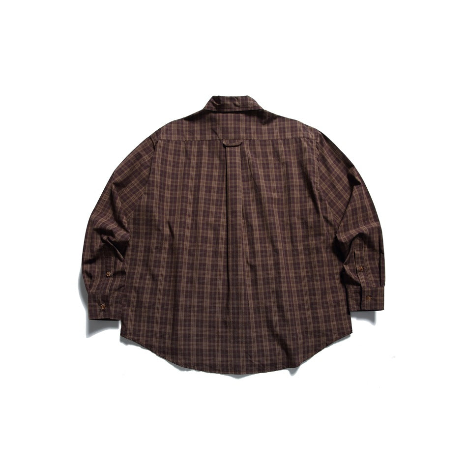 Back view of reddish-brown plaid shirt with center pleat, loop and buttoned cuffs, flat lay