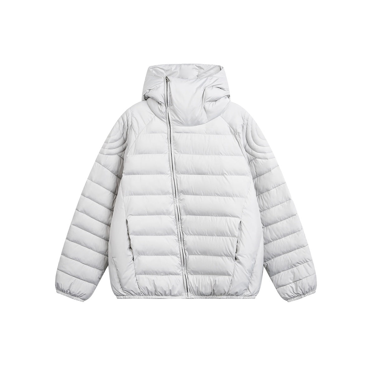 Light gray hooded quilted jacket with diagonal front zipper, flat front view on white background