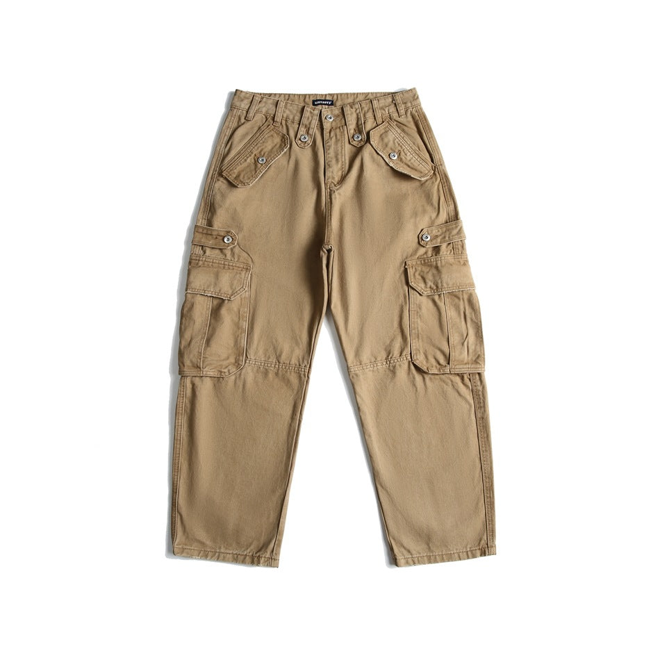 Khaki cargo pants flat lay, front view, with angled flap pockets and large thigh cargo pockets