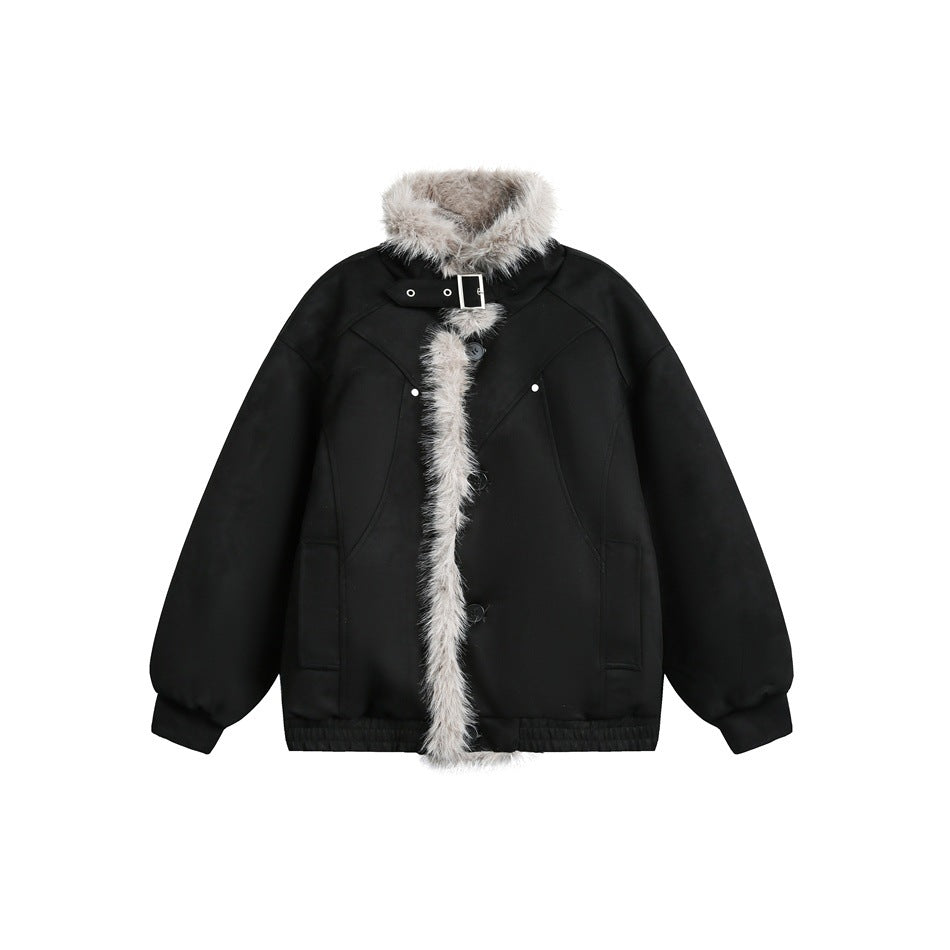 Black suede-look jacket with light gray fluffy collar and front trim, buckle strap, pockets, ribbed cuffs and elastic hem