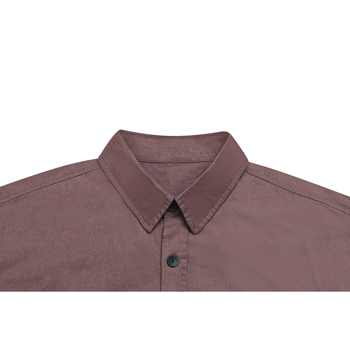Close-up of a muted mauve-brown shirt collar, shoulder seams, and dark buttons on a white background.