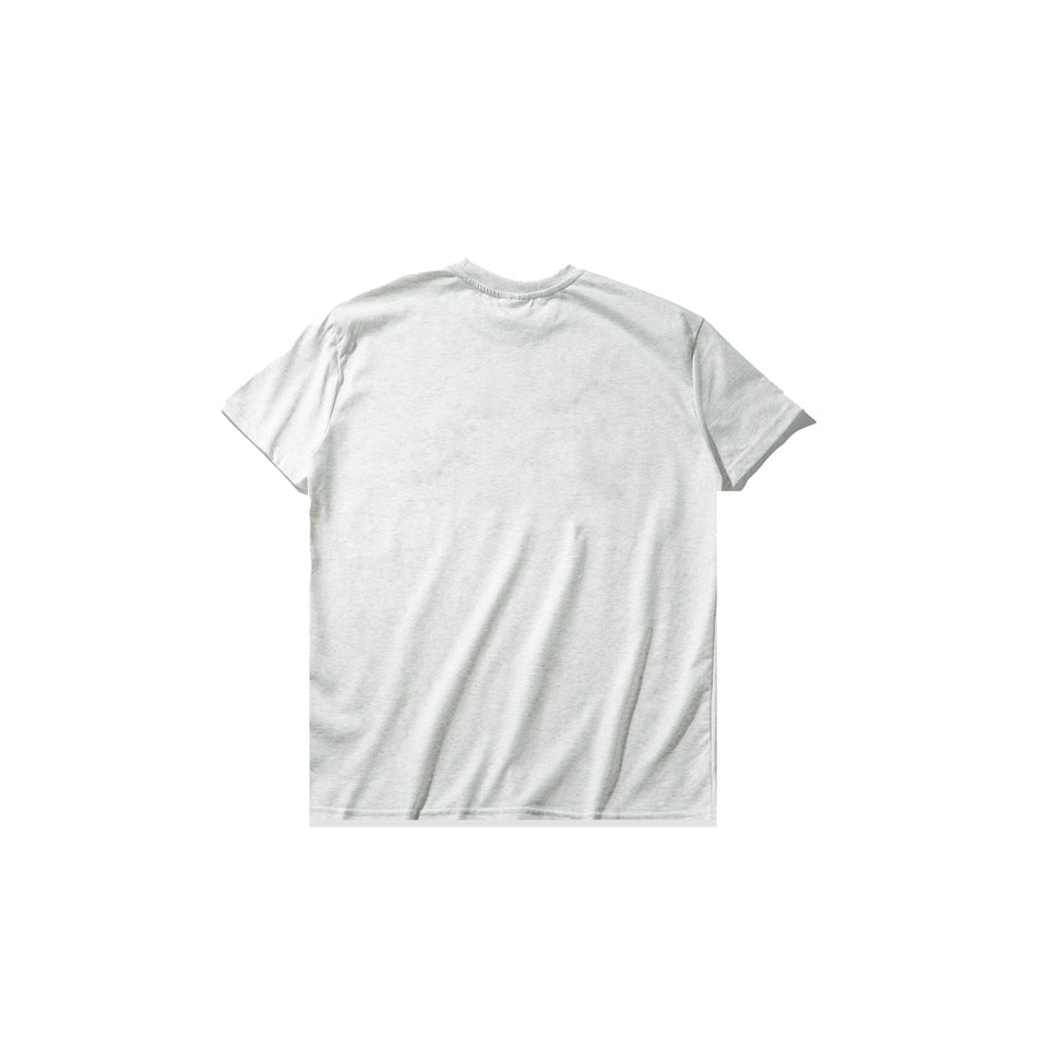 Back view of a light gray short-sleeve crew-neck T-shirt laid flat on a white background.