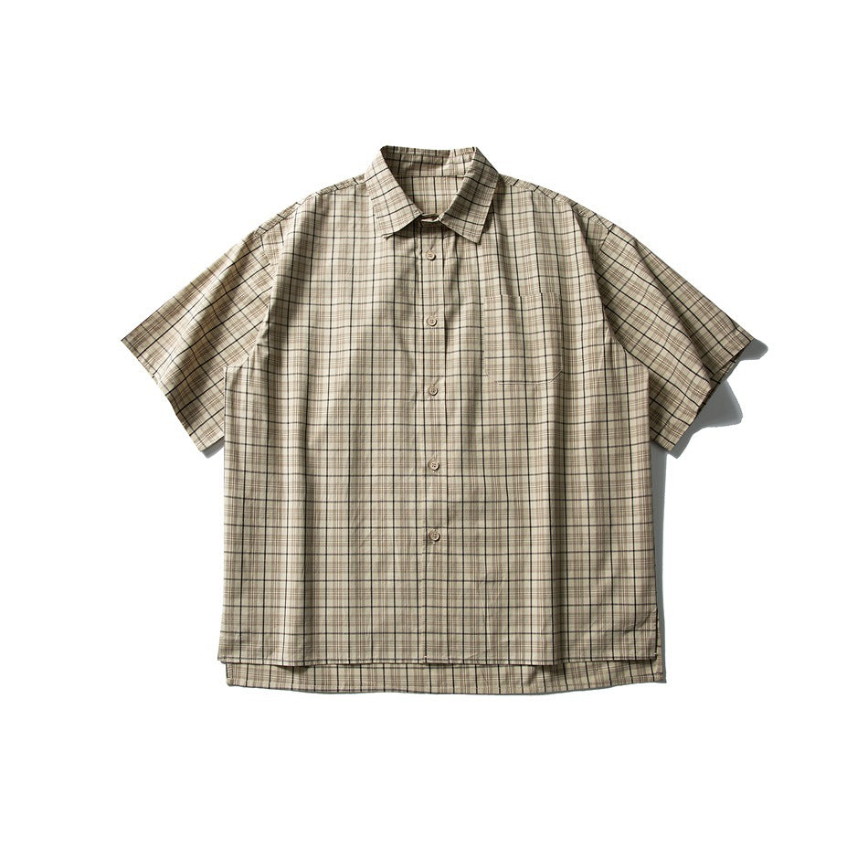Khaki plaid short-sleeve button-up shirt with chest pocket and step hem, flat lay front view
