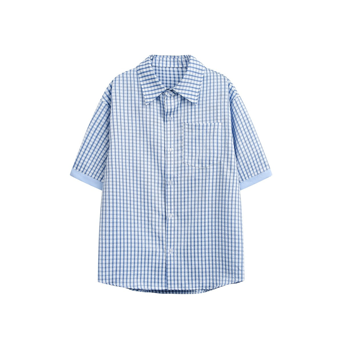 Blue and white small-check short-sleeve button-up shirt with chest pocket and light blue cuffs, flat front view