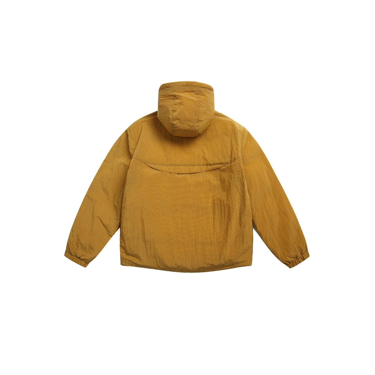 Back of a mustard brown grid-pattern hooded jacket, shown flat against a white background.