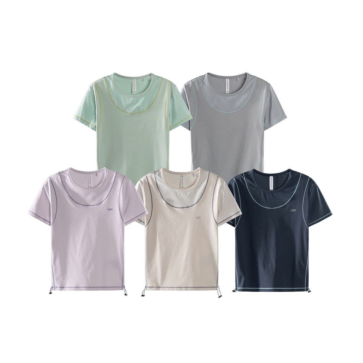 Five short-sleeve crew-neck tees with contrast piping, shown in mint, gray, lavender, ivory and navy.
