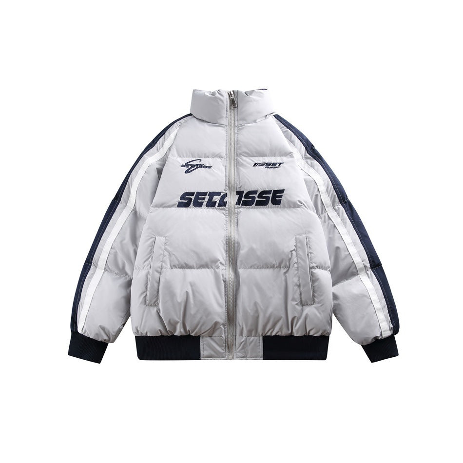 Light gray quilted stand-collar jacket with navy raglan sleeves, white stripes and ribbed trim, front view