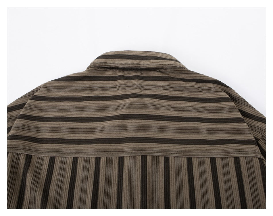 Back view of a brown-gray striped button-up shirt with horizontal stripes across the yoke.