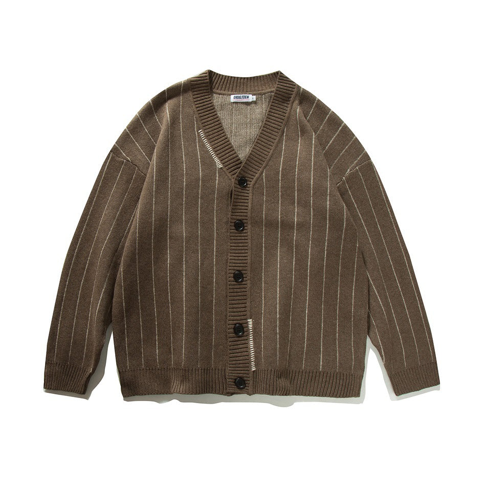 Coffee brown knit cardigan with cream pinstripes, V-neck, ribbed trim and five dark buttons, flat lay front view