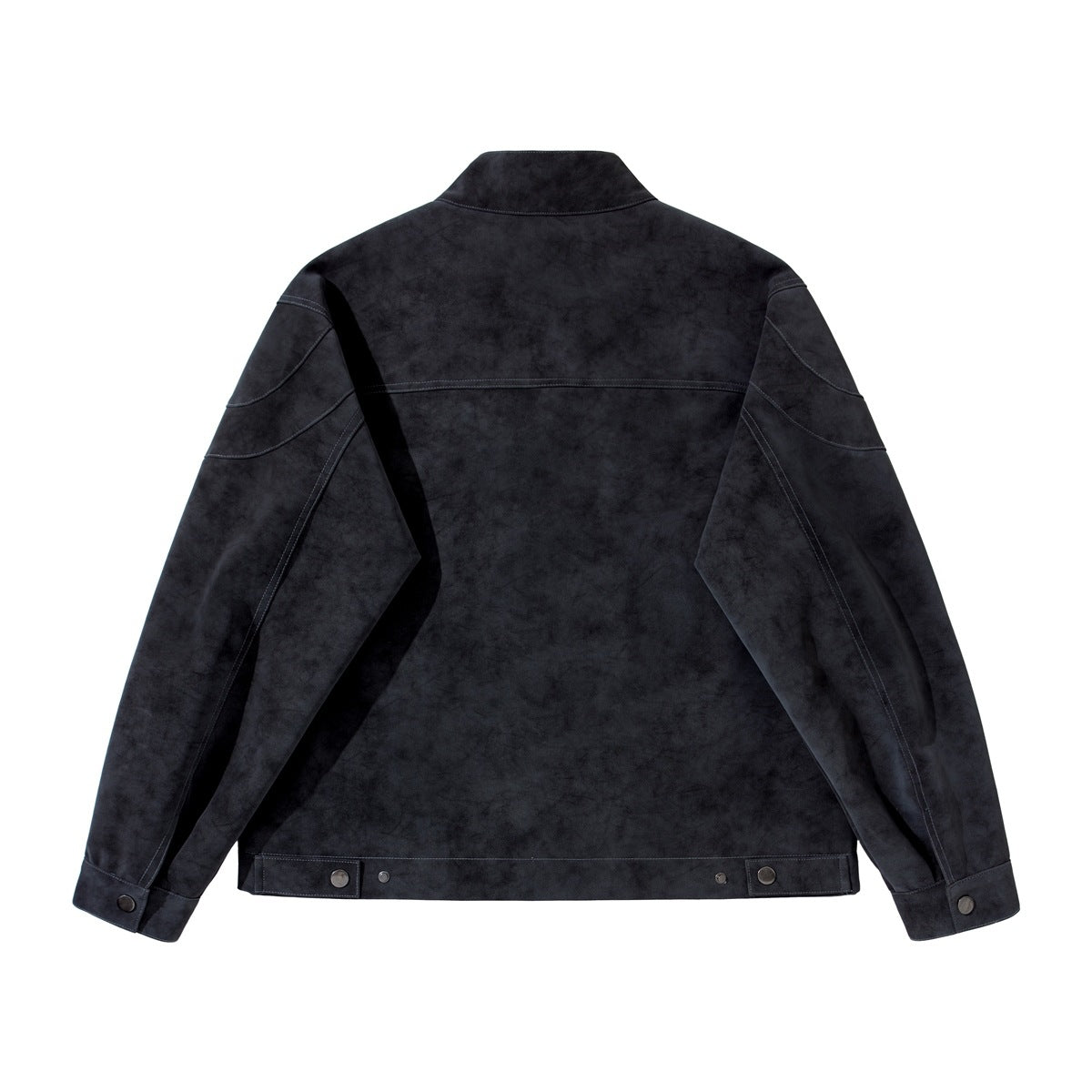 Back view of a black jacket with a stand collar, paneled sleeves, snap cuffs, and adjustable hem tabs.