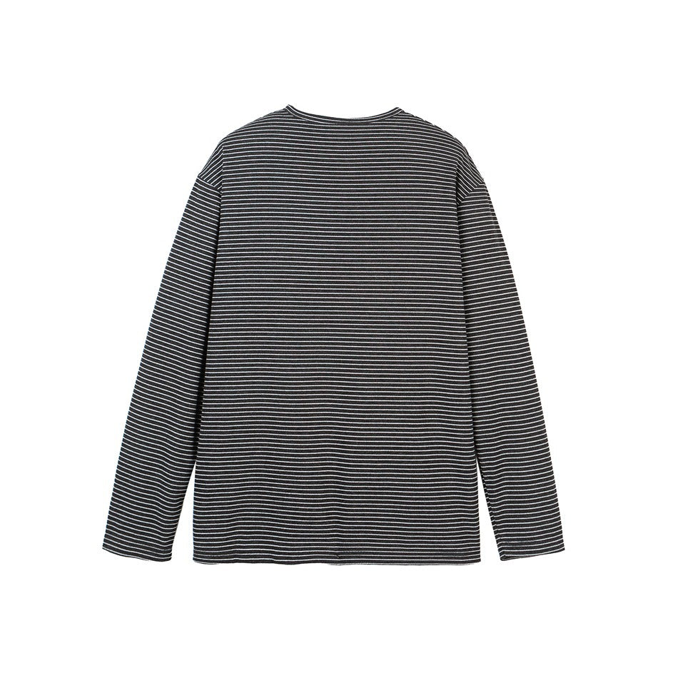 Back view of a black long-sleeve shirt with fine white horizontal stripes, laid flat on a white background.