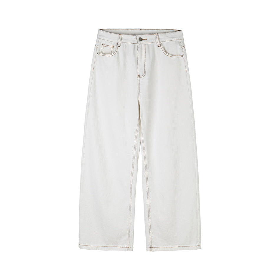 White wide-leg jeans with contrast tan topstitching, flat front view with button fly and pockets