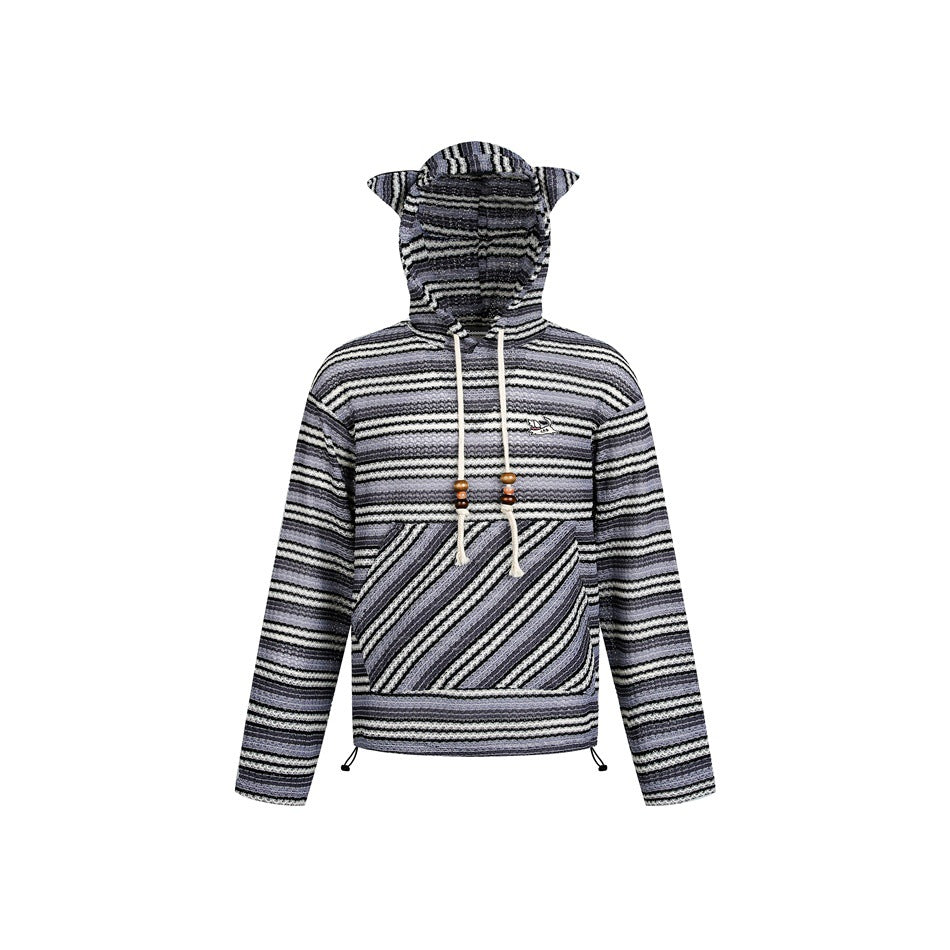 Purple-gray and black striped cat-ear hoodie with diagonal-stripe front pocket and beaded drawstrings, front view