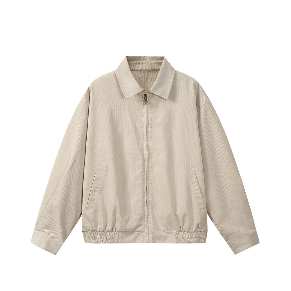 Beige ribbed zip jacket with pointed collar, slanted front pockets and elastic hem, flat front view
