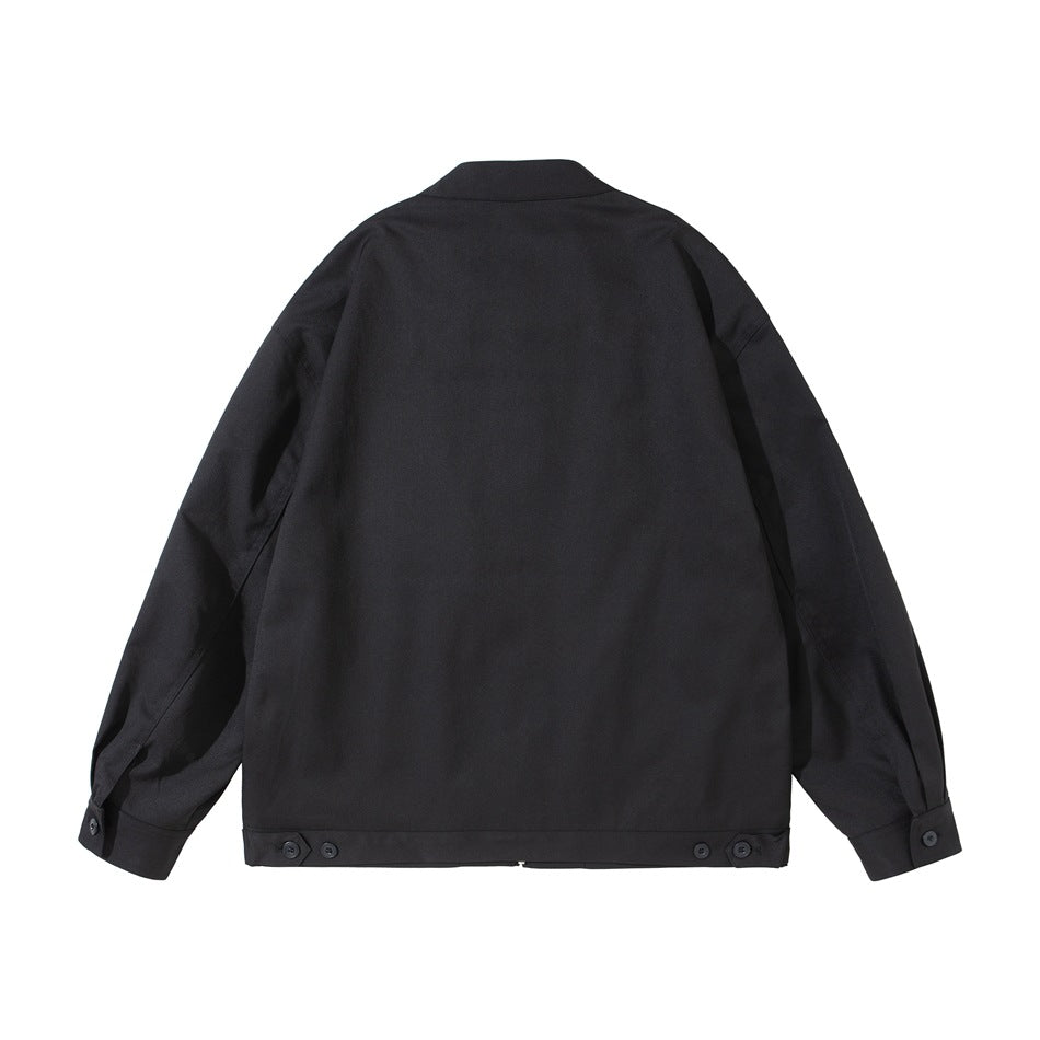 Back view of black jacket flat lay with button hem tabs and button cuffs