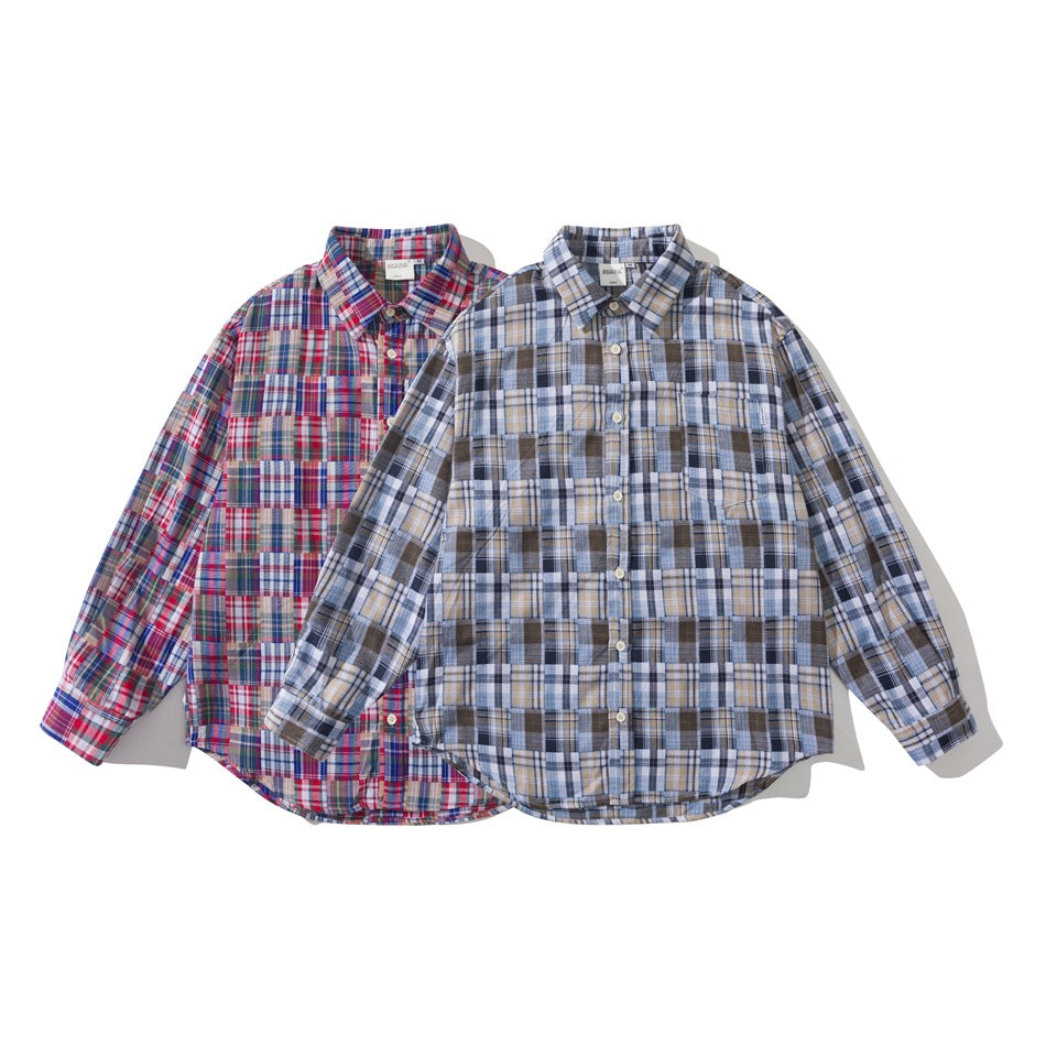 Two long-sleeved button-up shirts shown from the front: one red multicolor plaid and one blue, brown, and white plaid.