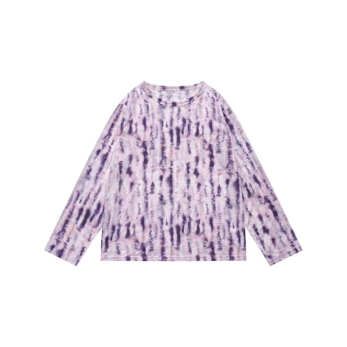 Purple-pink tie-dye print long-sleeve crew-neck top laid flat, front view
