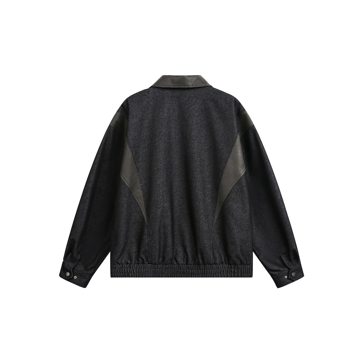 Back view of a charcoal jacket with dark contrast panels, a pointed collar, snap cuffs and gathered hem.