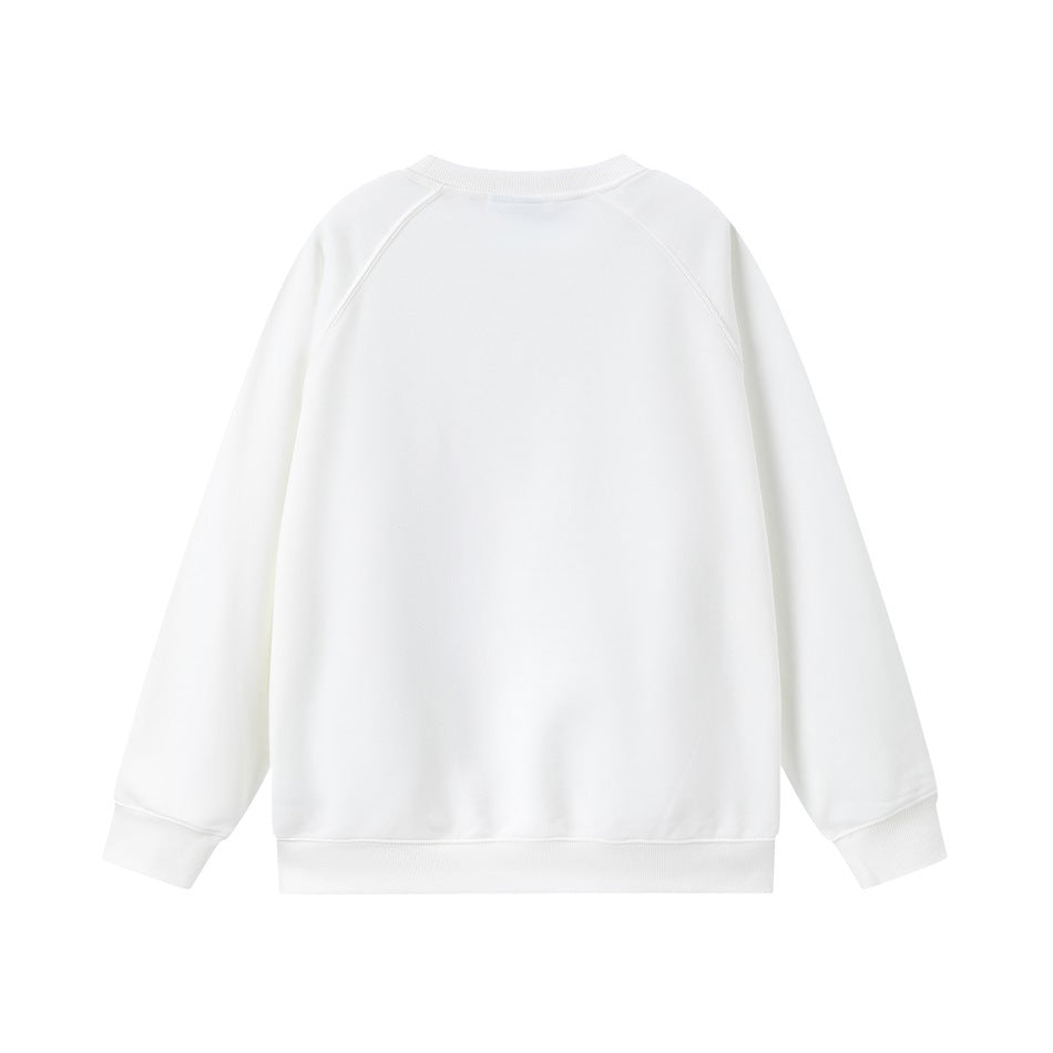 Back view of a plain white crewneck sweatshirt with raglan sleeves and ribbed cuffs and hem.