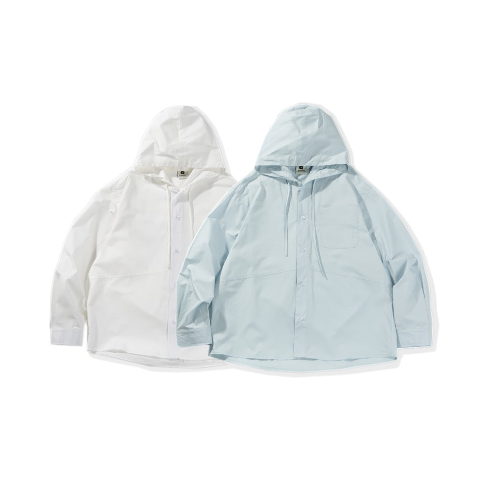 Two hooded button-front shirts displayed flat: one white and one pale blue, each with a chest pocket.