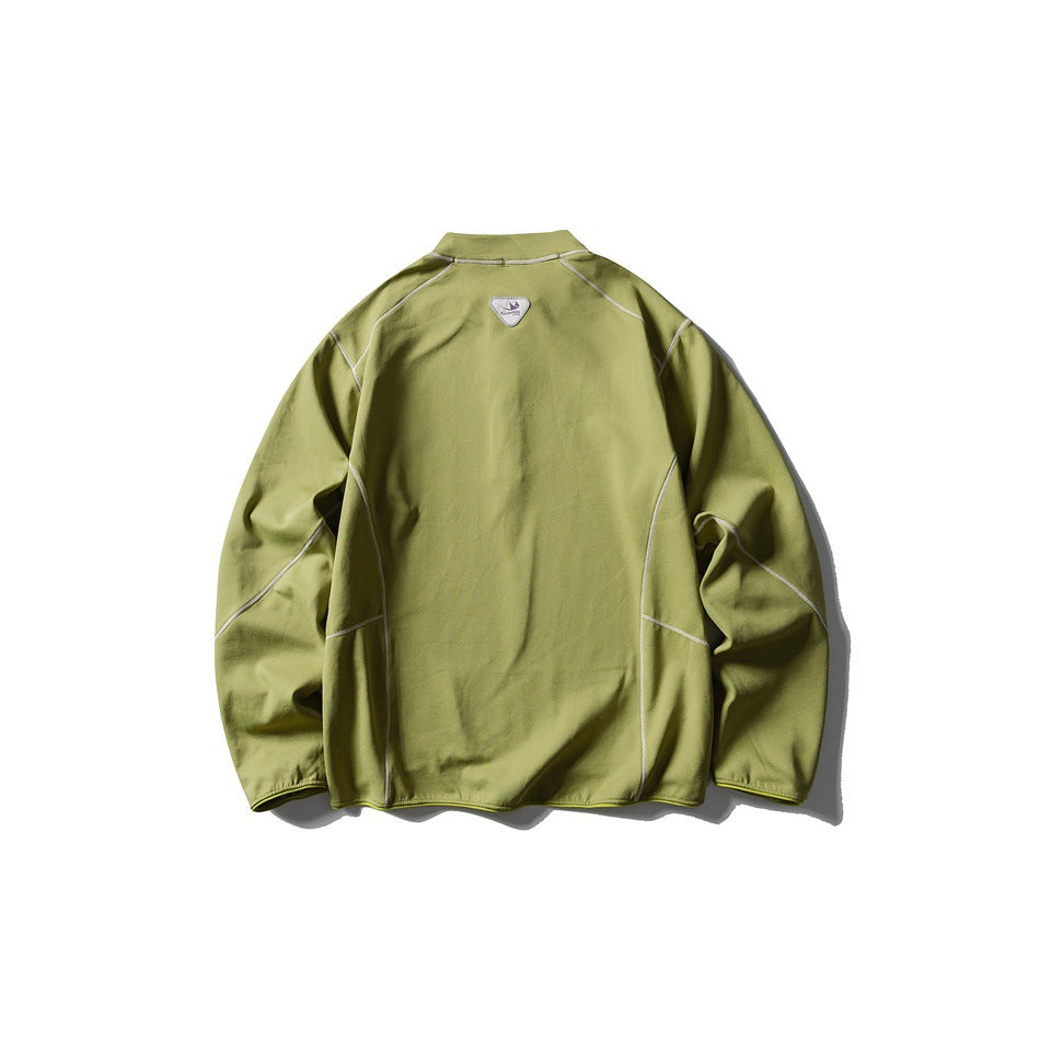 Back view of an olive-green pullover with pale contrast seams and a small upper-back patch.