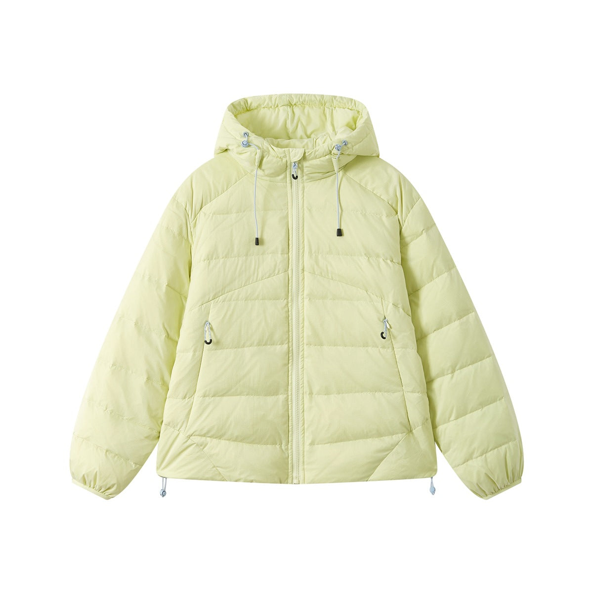 Pale yellow hooded quilted puffer jacket, front view, with center zipper, drawcords and zippered pockets
