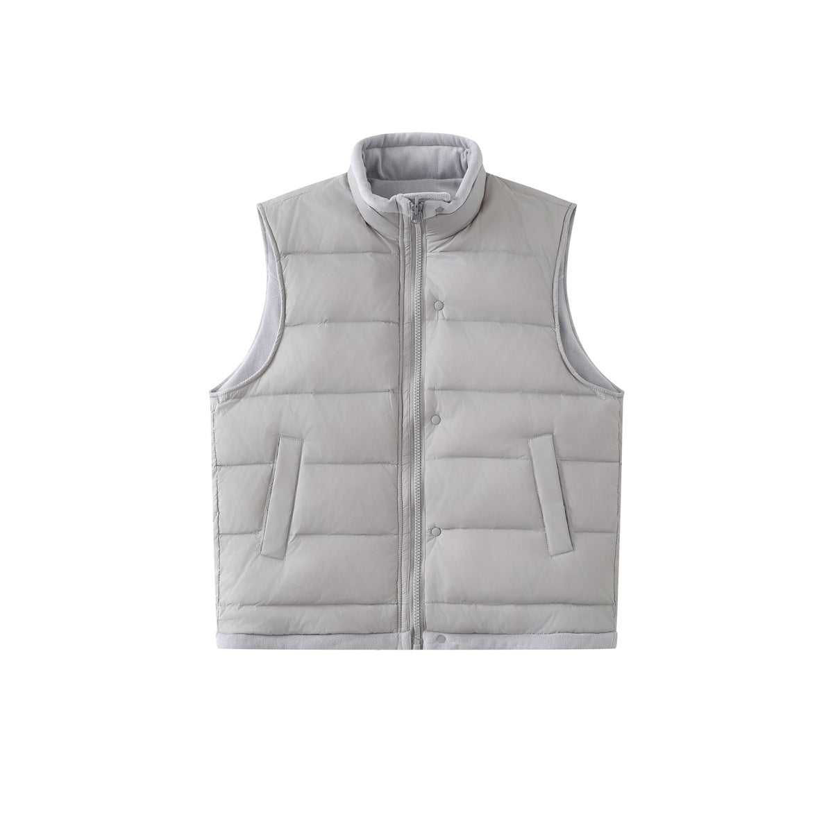 Light gray quilted puffer vest flat lay front with stand collar, center zipper, snap placket and two pockets
