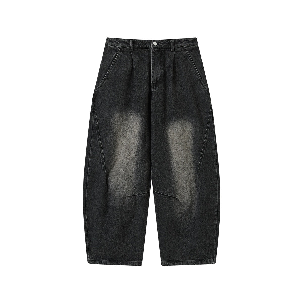 Front view of black faded-wash wide-leg denim jeans with pleat, button closure and slant pockets