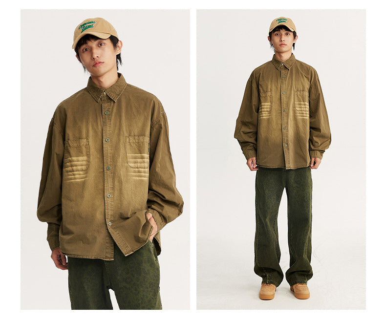 Two views of a model wearing an oversized brown shirt with two chest pockets and faded horizontal bands.