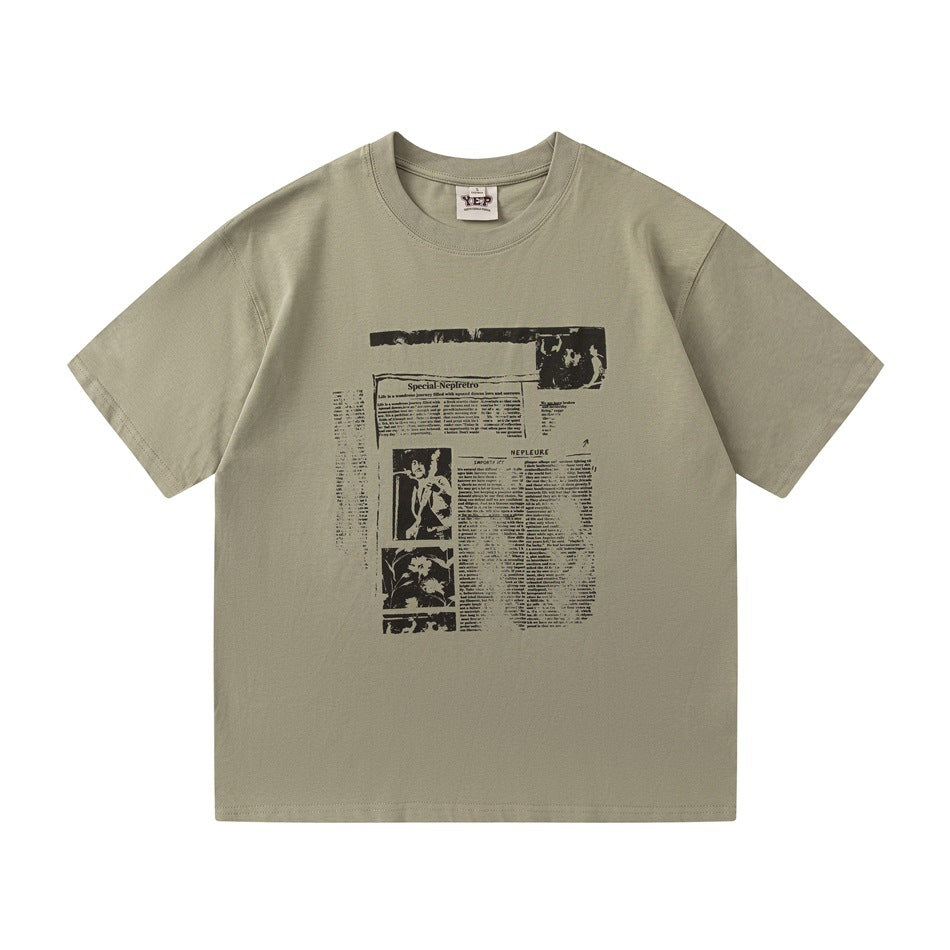 Avocado green short-sleeve crew-neck T-shirt, front view with black newspaper collage print