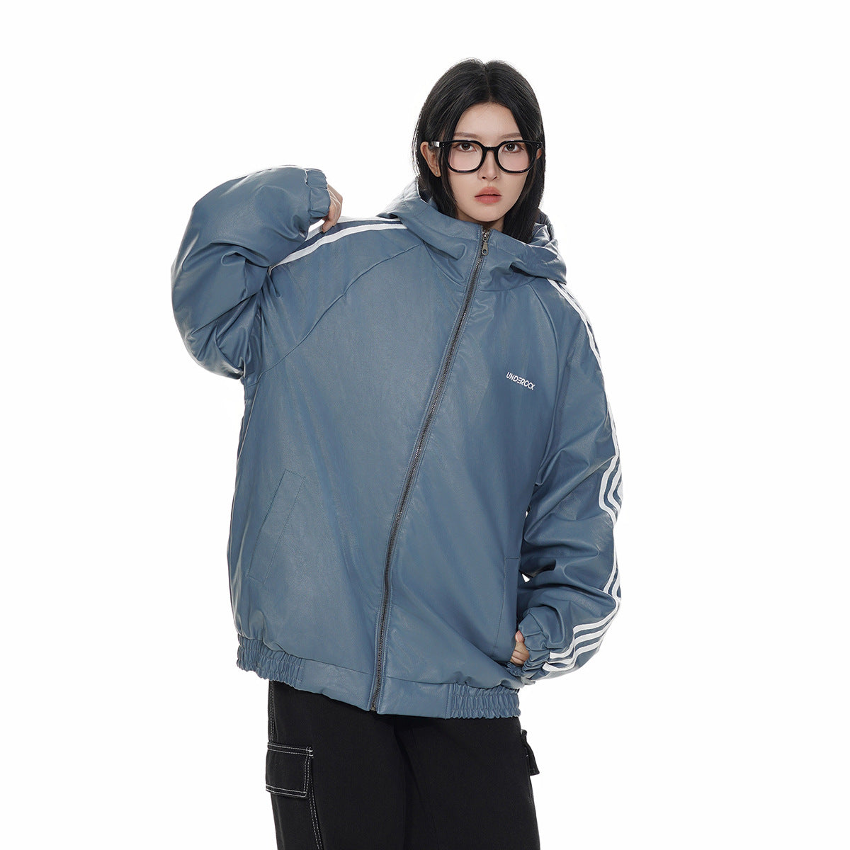 Model wearing a blue hooded zip jacket with white sleeve stripes and an elastic hem.