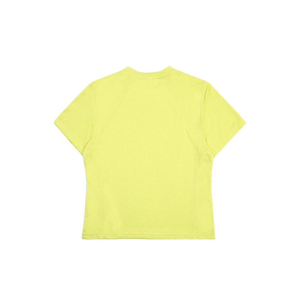Back view of a bright yellow-green short-sleeve crew-neck shirt with fine horizontal texture and curved seam panels.