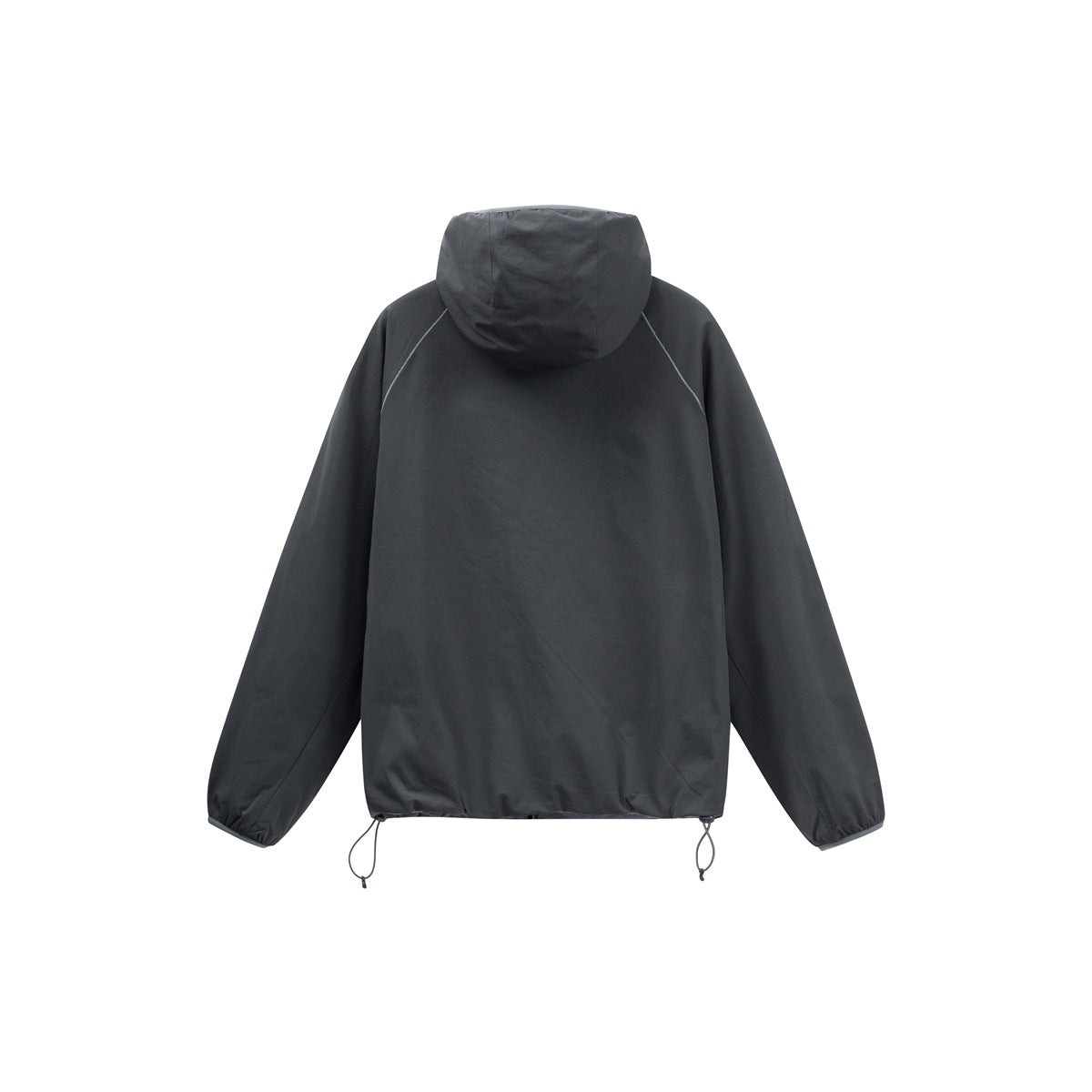 Back view of a charcoal hooded jacket with long sleeves and adjustable drawcords at the hem.