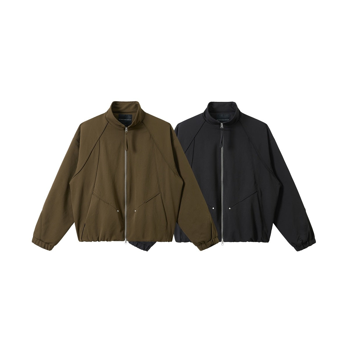 Olive-brown and black zip-front jackets shown side by side, with stand collars and angled front pockets.
