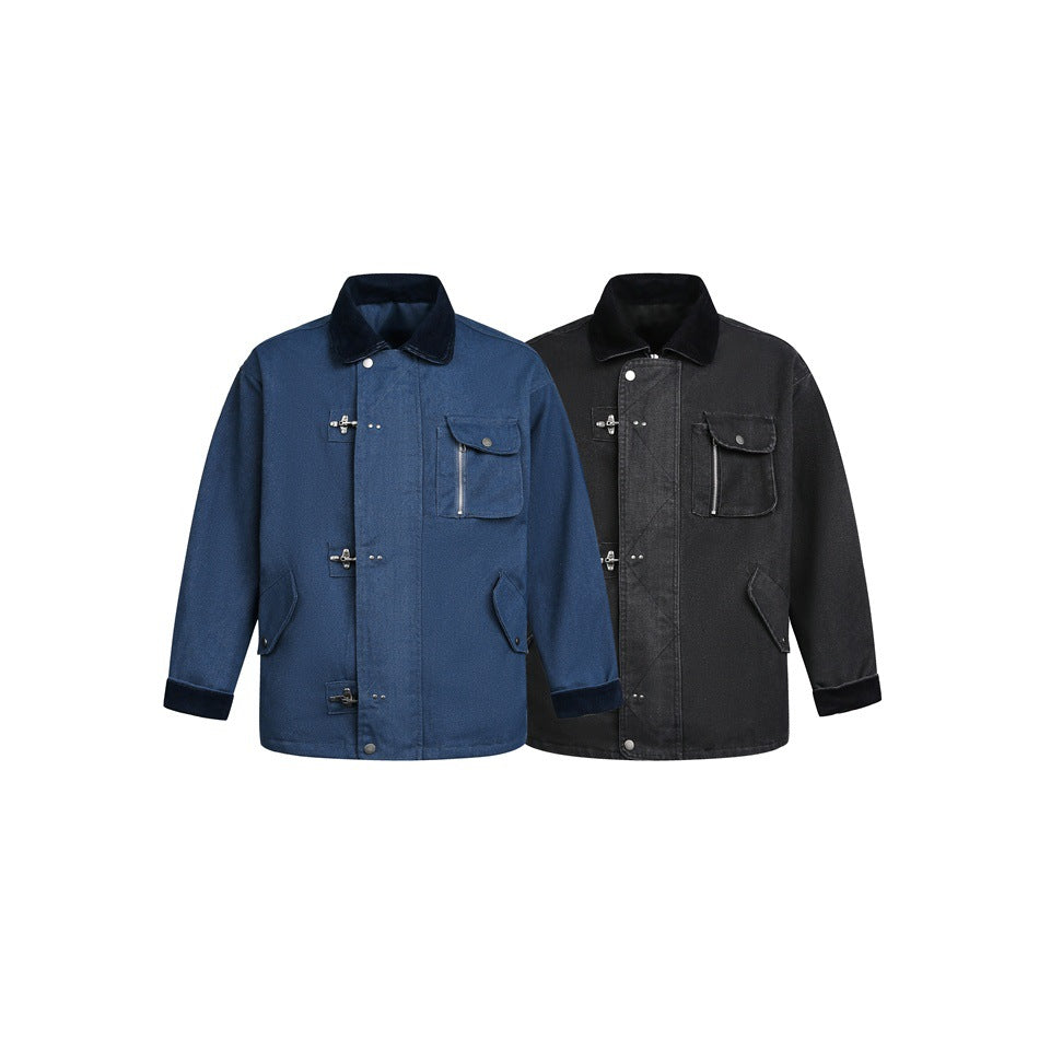 Two jacket colorways shown together: blue and charcoal, each with a black collar, toggle closures and flap pockets.