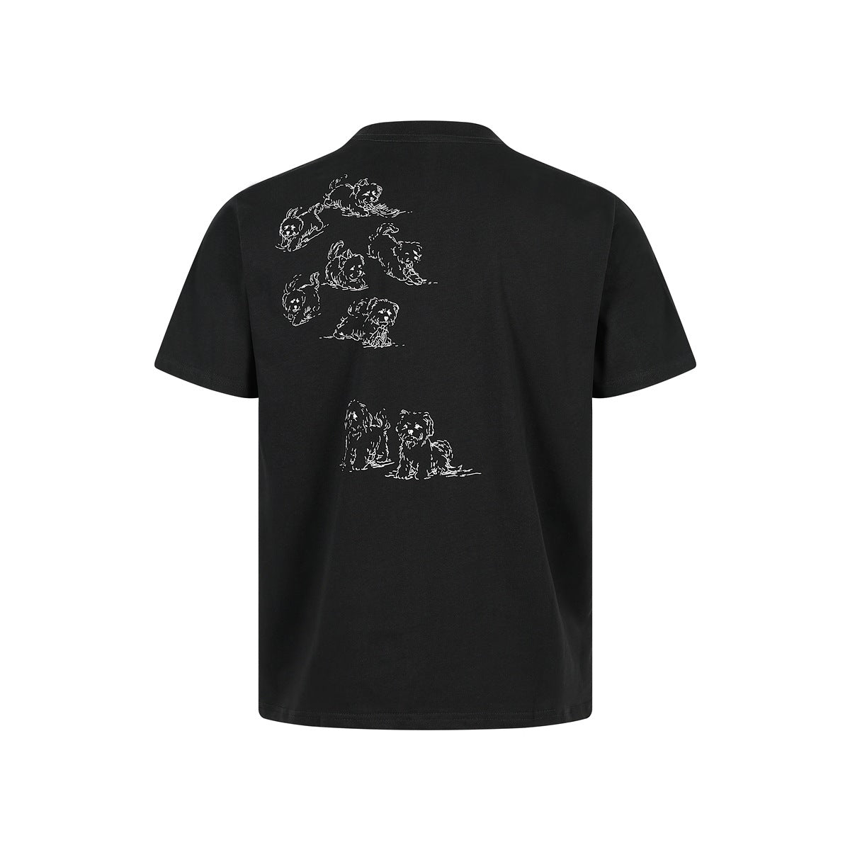 Back view of a black short-sleeve T-shirt with light dog sketches across the upper back.