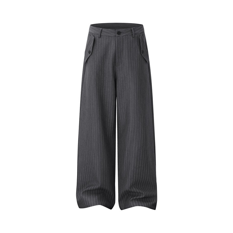 Gray pinstripe wide-leg trousers, front flat view, with button waistband and angled flap pockets