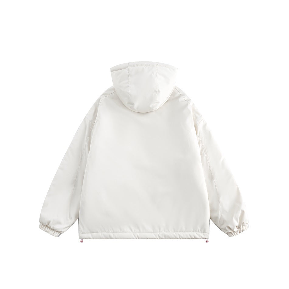 Back view of a white hooded jacket with elastic cuffs and a plain body.