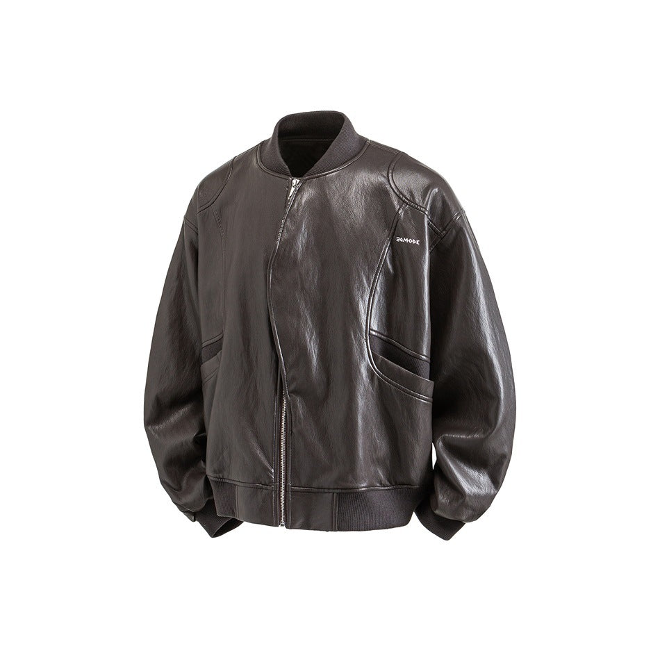 Brown glossy leather-look bomber jacket, angled front view, showing zipper, slanted pocket and ribbed trim