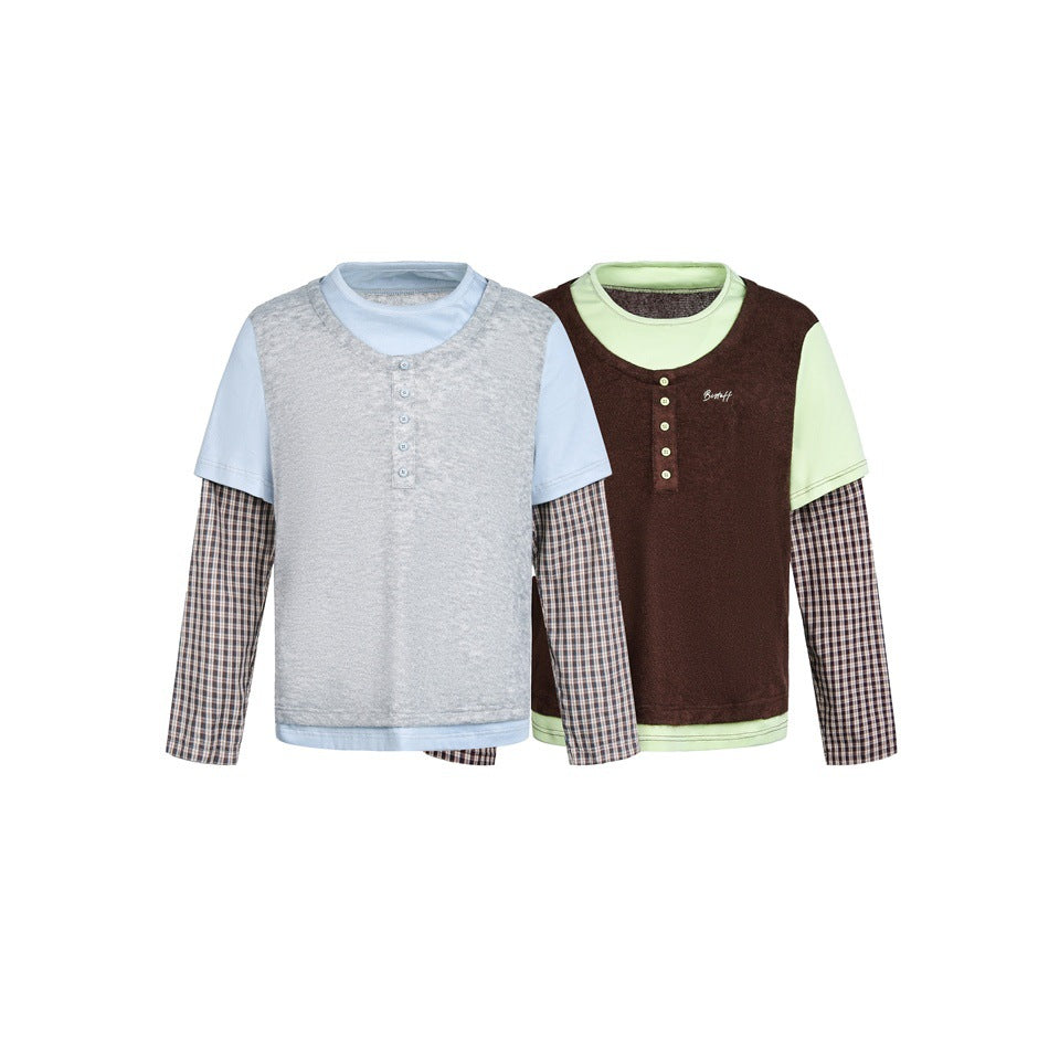 Two long-sleeve layered tops shown together: one gray with pale blue trim, the other burgundy with pale green trim.