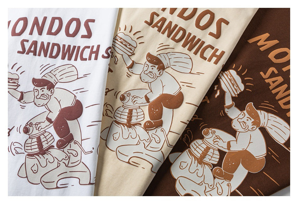 Close view of the same printed T-shirt design in white, cream, and dark brown colorways.