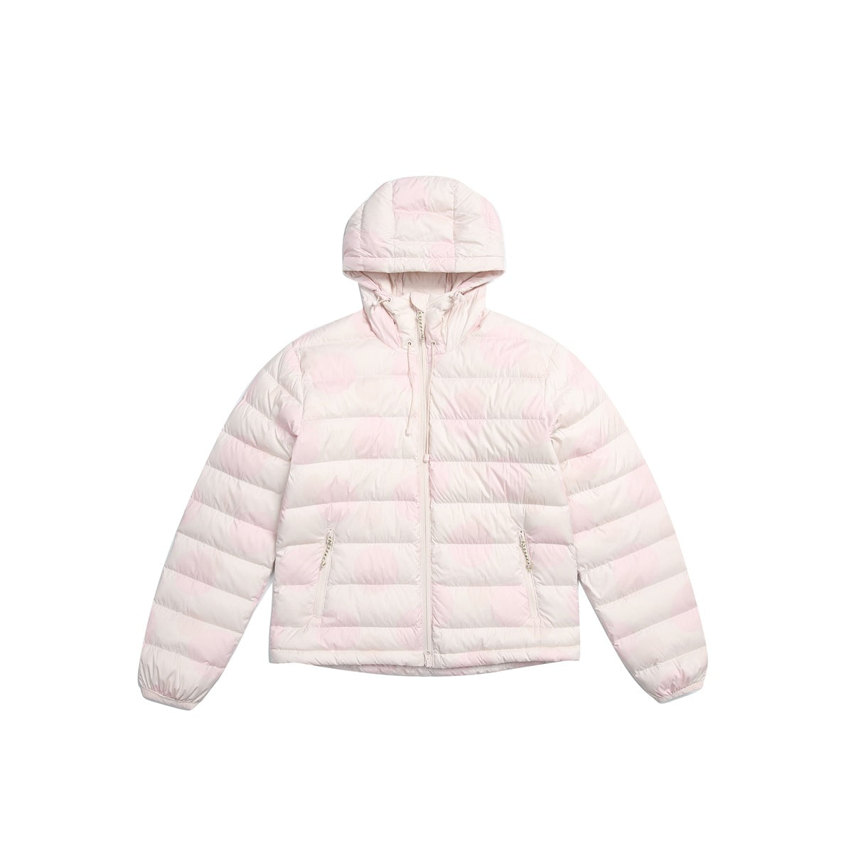 Pink hooded quilted puffer jacket, front view, with center zipper, zip pockets and soft pale-pink dot pattern